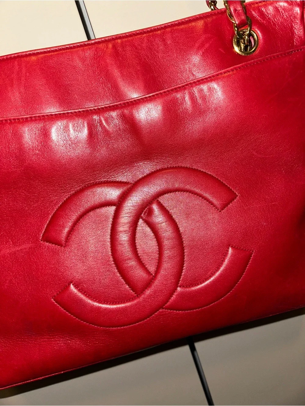 Chanel 90’s Red CC Lambskin Tote with Gold Chain-Detail Straps